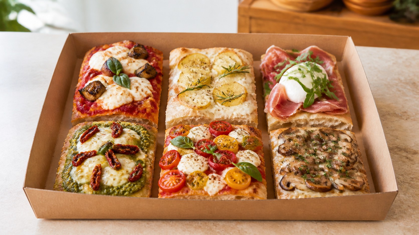 Vassoio con sei pizzette miste fatte a mano